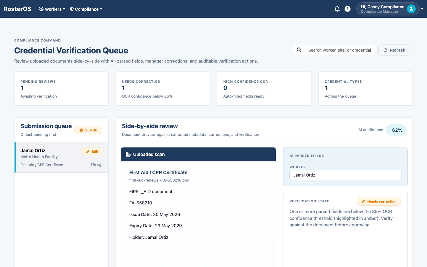 RosterOS credential verification queue with AI-parsed fields and OCR confidence
