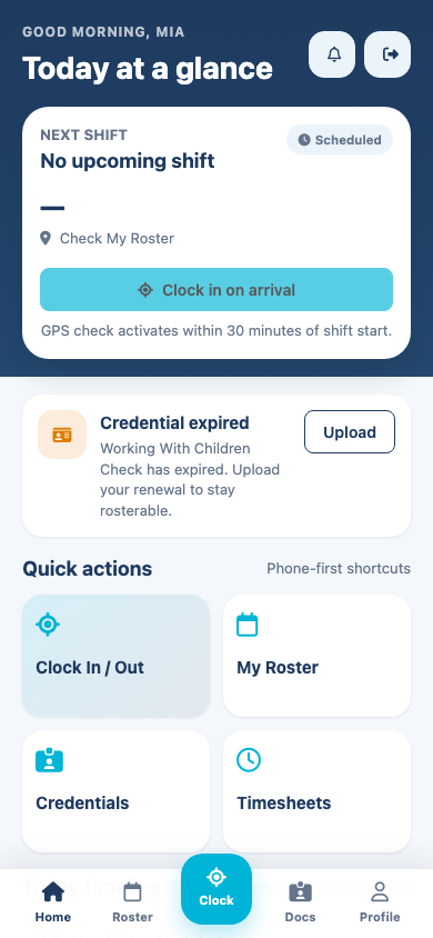 RosterOS worker mobile PWA home screen with GPS clock-in